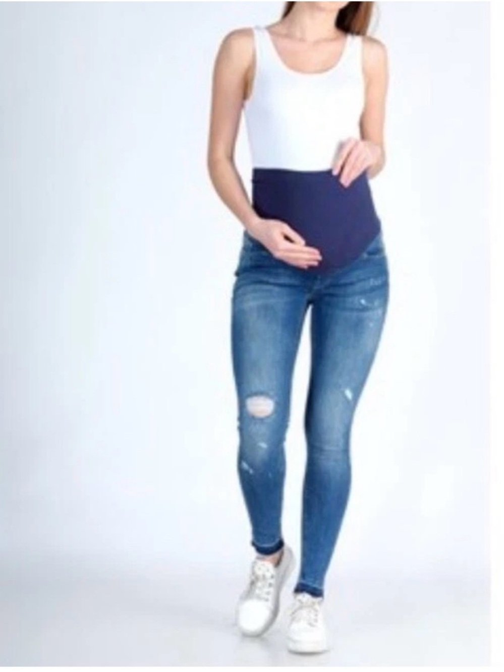H&M Mama Size 10 Maternity Skinny High Bib Denim Jeans Distressed Support Panel